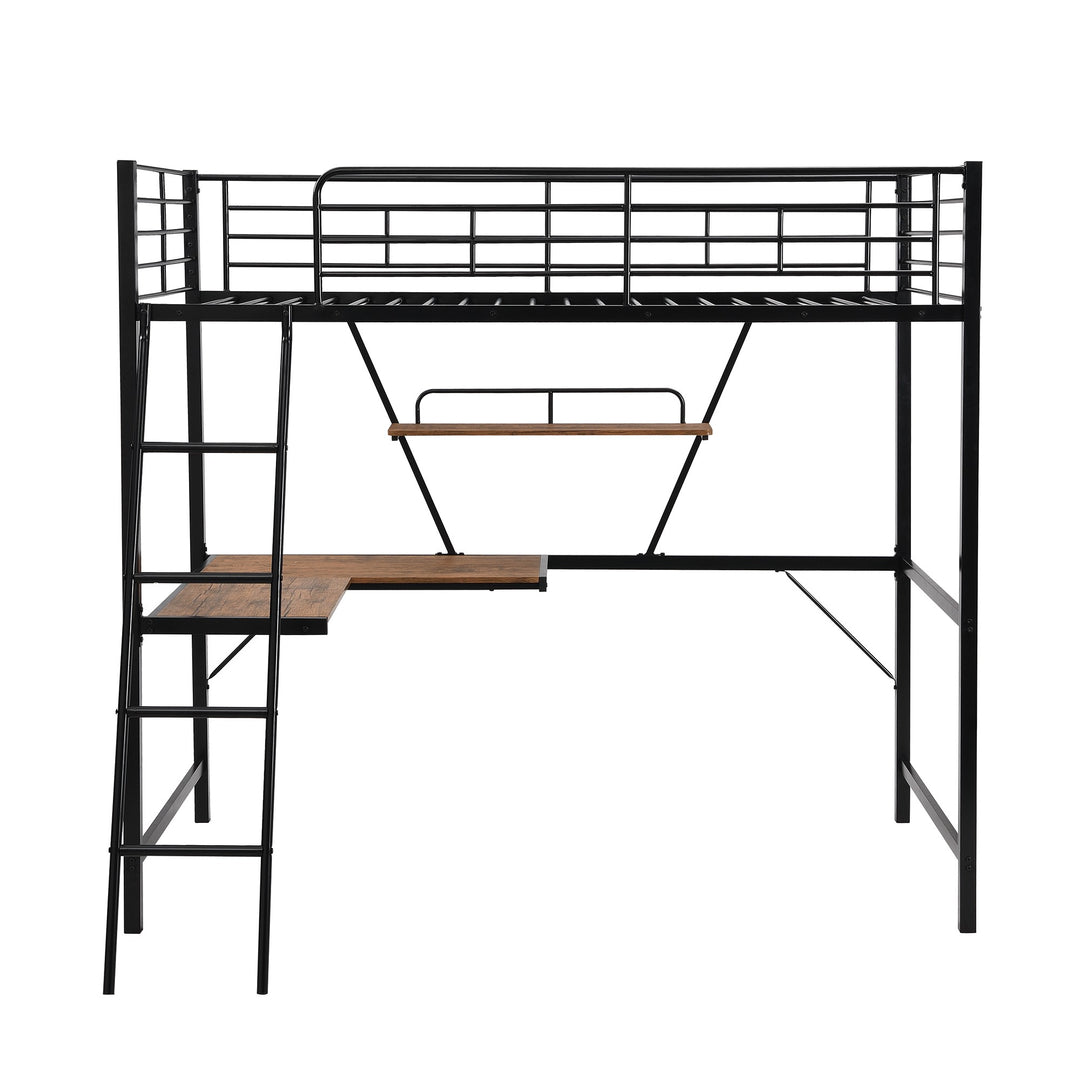 Black Metal Loft Bed with L Shaped Desk and Shelf