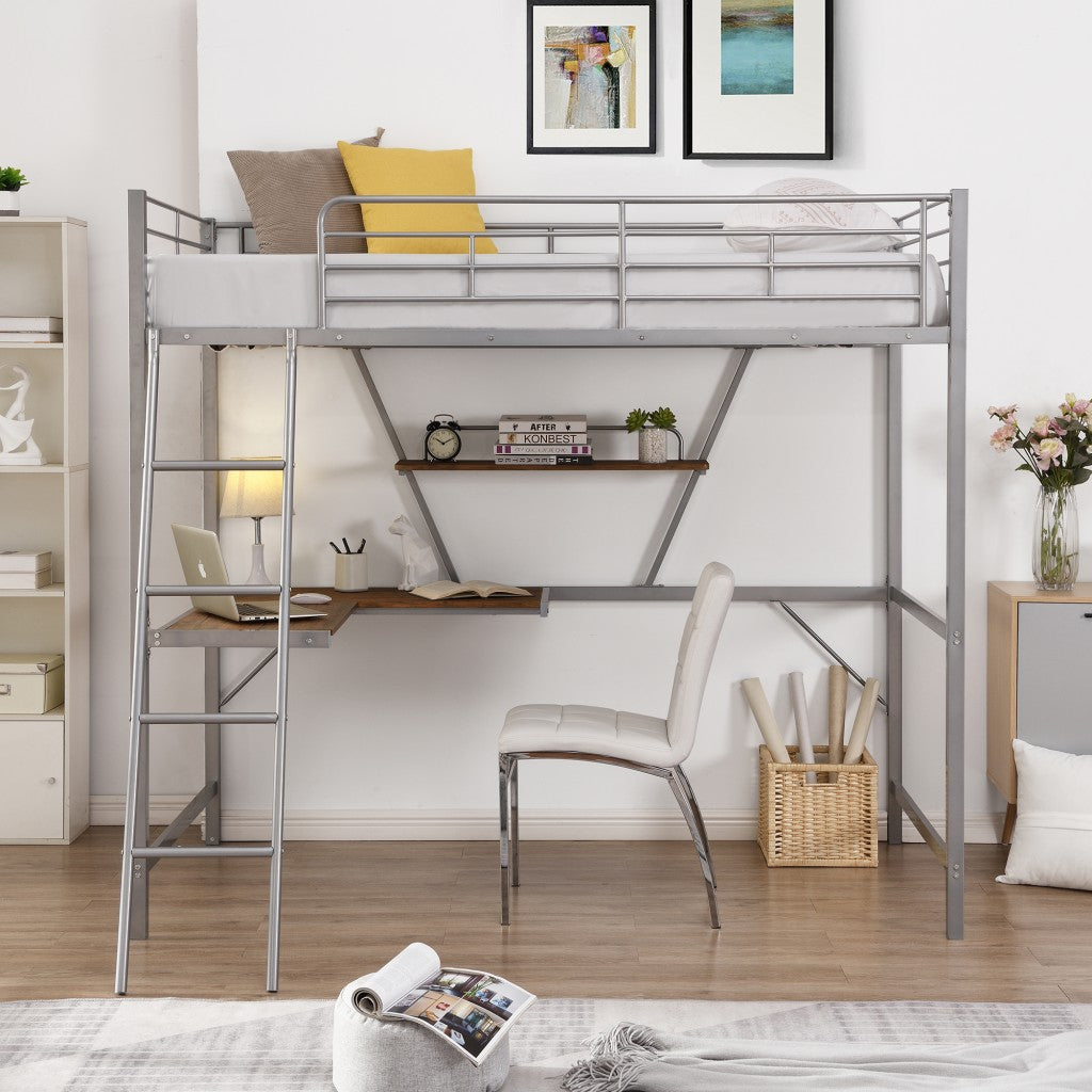 Silver Metal Loft Bed with L Shaped Desk and Shelf