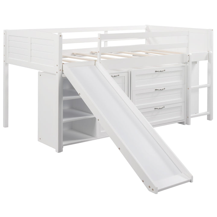 White Twin Size Low Loft Bed With Cabinets and Slide