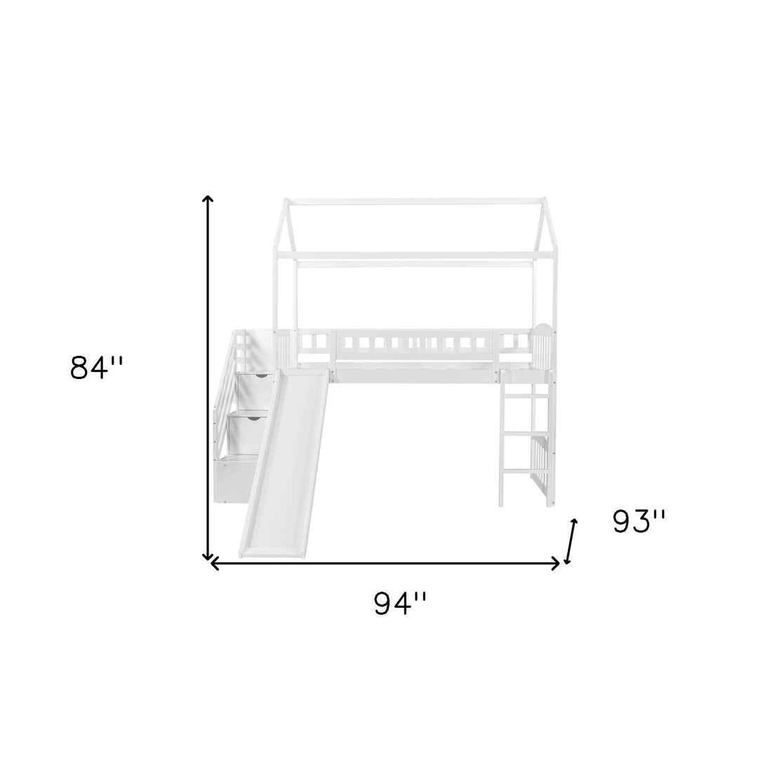 White Twin Size Playhouse Loft Bed With Drawers and Slide