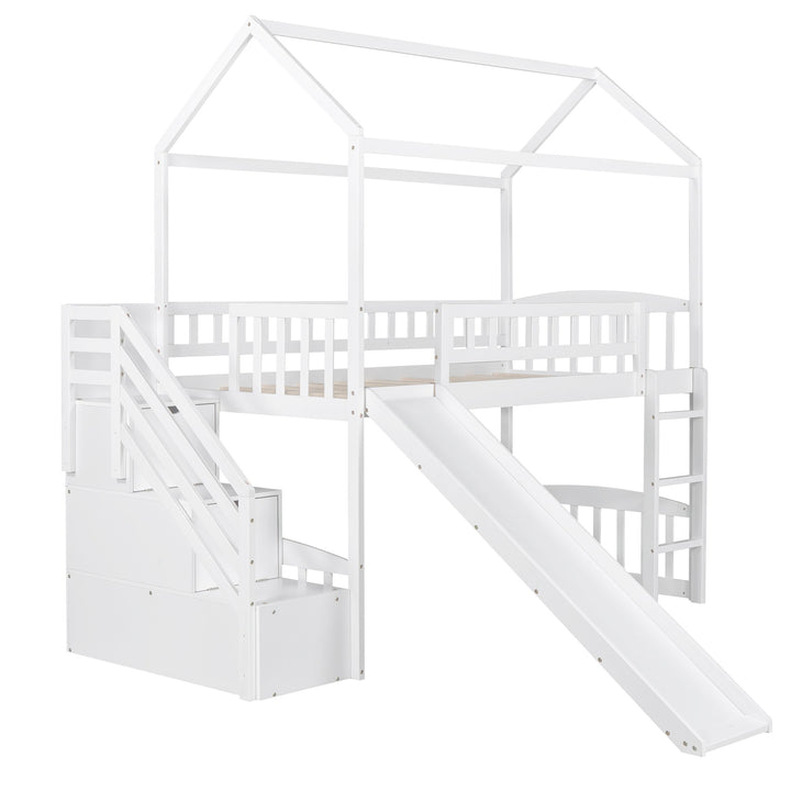 White Twin Size Playhouse Loft Bed With Drawers and Slide