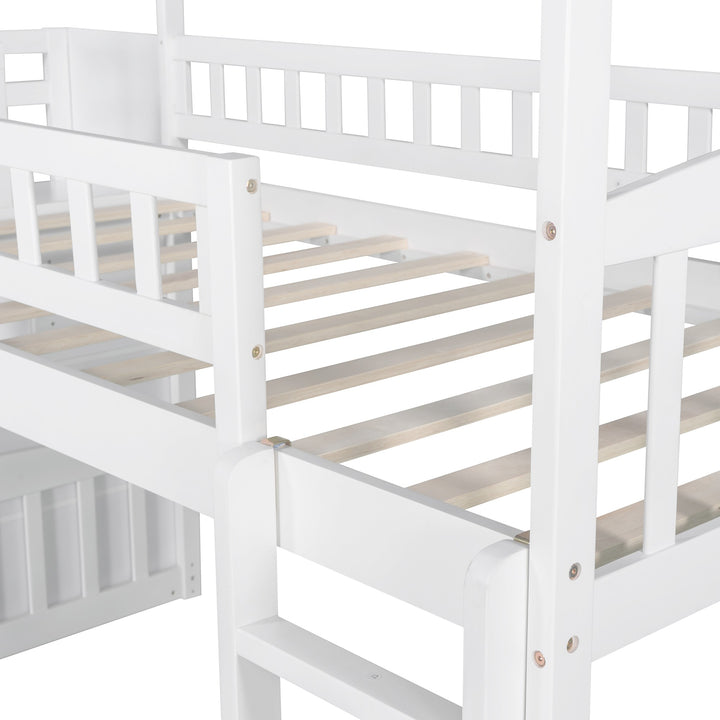 White Twin Size Playhouse Loft Bed With Drawers and Slide