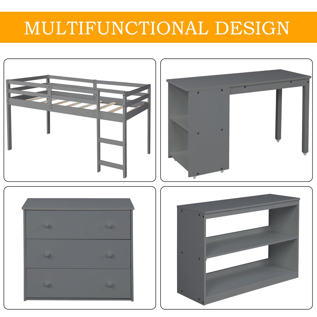 Gray Low Twin Loft Bed With Cabinet and Desk