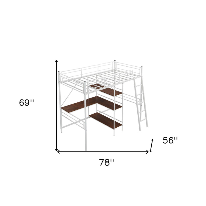 White Twin Size Metal Loft Bed With Desk and Shelves