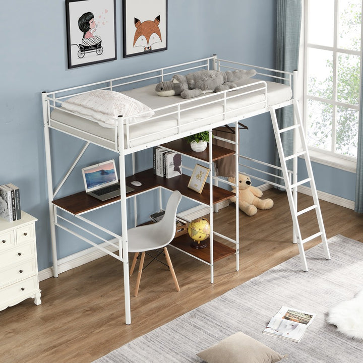 White Twin Size Metal Loft Bed With Desk and Shelves