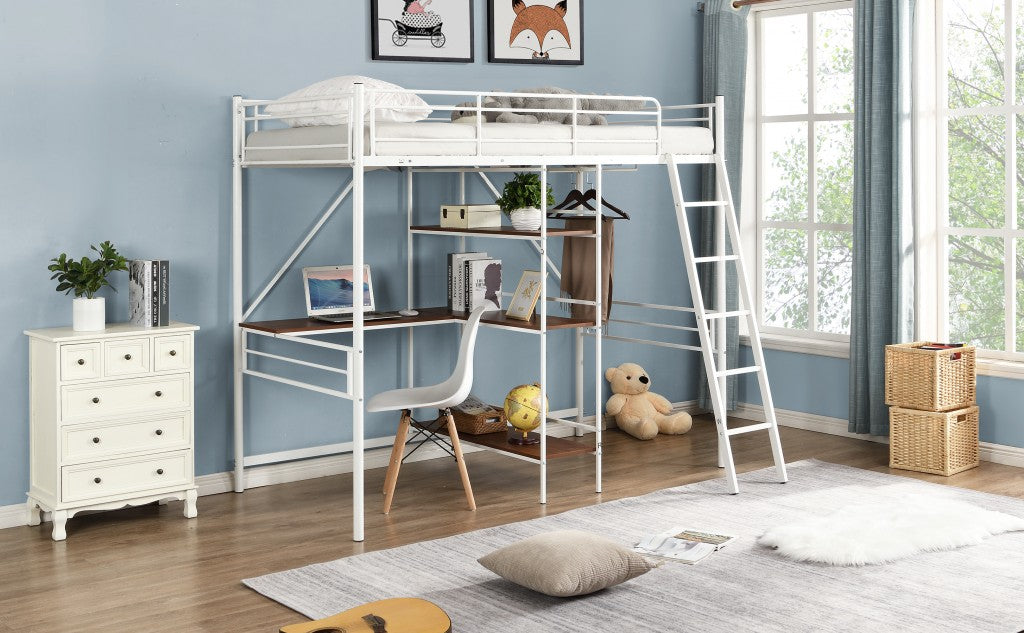 White Twin Size Metal Loft Bed With Desk and Shelves