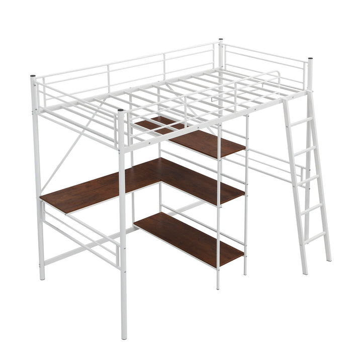 White Twin Size Metal Loft Bed With Desk and Shelves