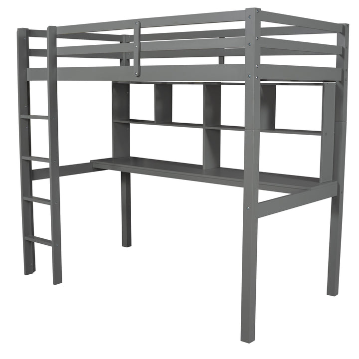 Gray Twin Loft Bed With Desk and Shelves