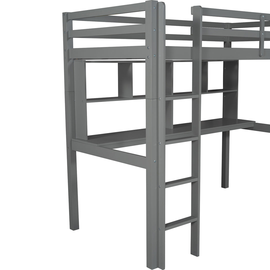 Gray Twin Loft Bed With Desk and Shelves