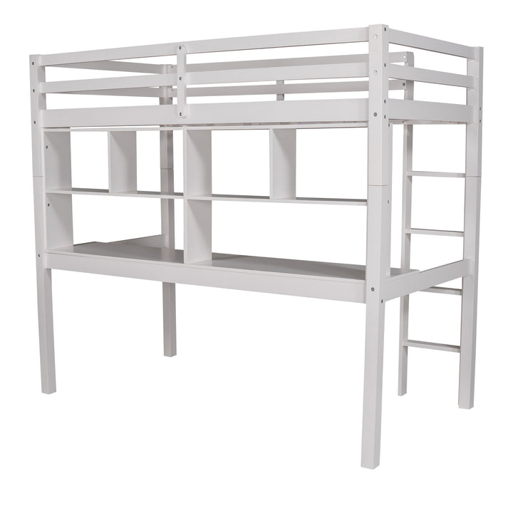 White Twin Loft Bed With Desk and Shelves