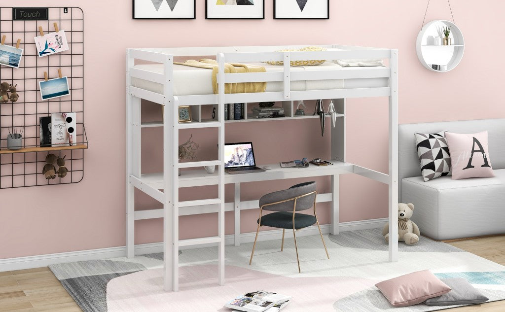 Minimalist White Twin Size Loft Bed with Built In Desk and Shelf