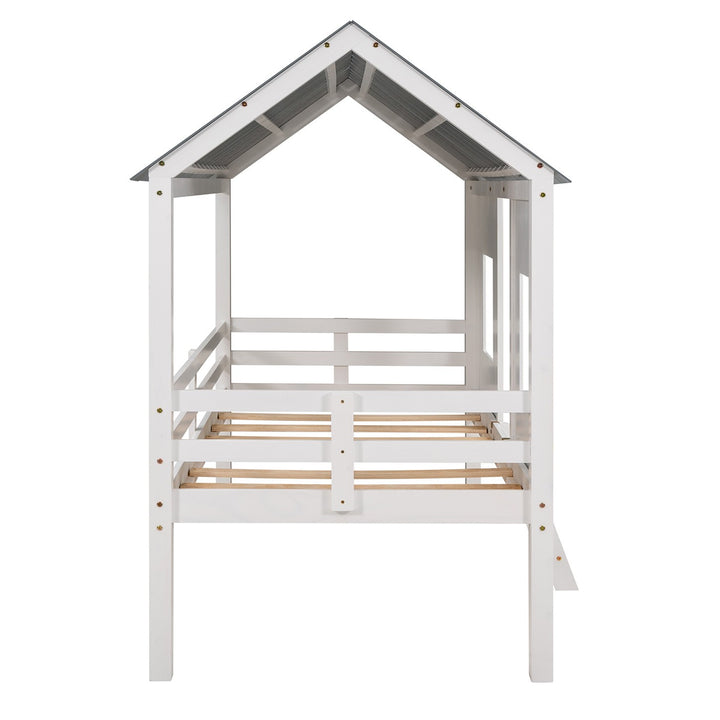 Playhouse with Windows and Roof White Twin Size Low Loft Bed