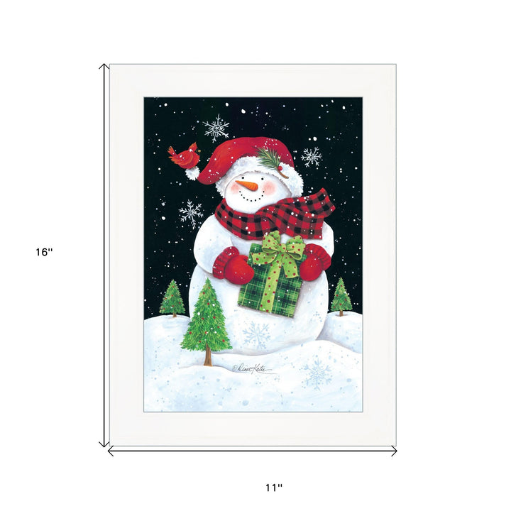 Plaid Stocking Hat Snowman White Framed Print Wall Art