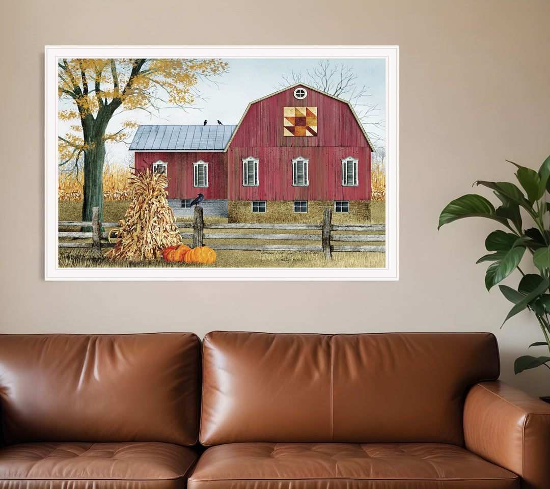 Autumn Leaf Quilt Block Barn 3 White Framed Print Wall Art