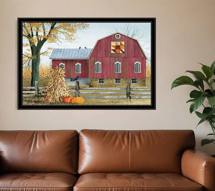 Autumn Leaf Quilt Block Barn 4 Black Framed Print Wall Art