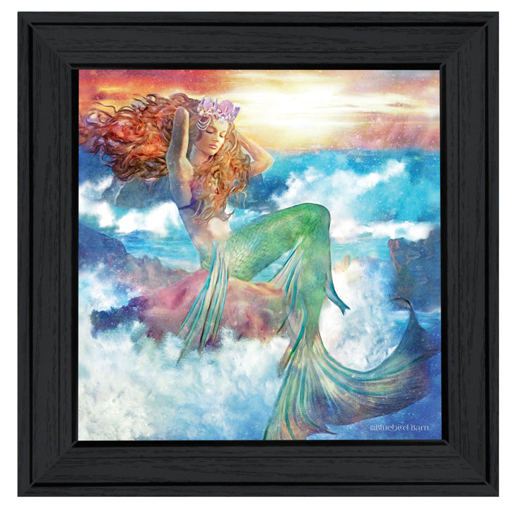 Sunset Mermaid 1 Black Framed Print Wall Art