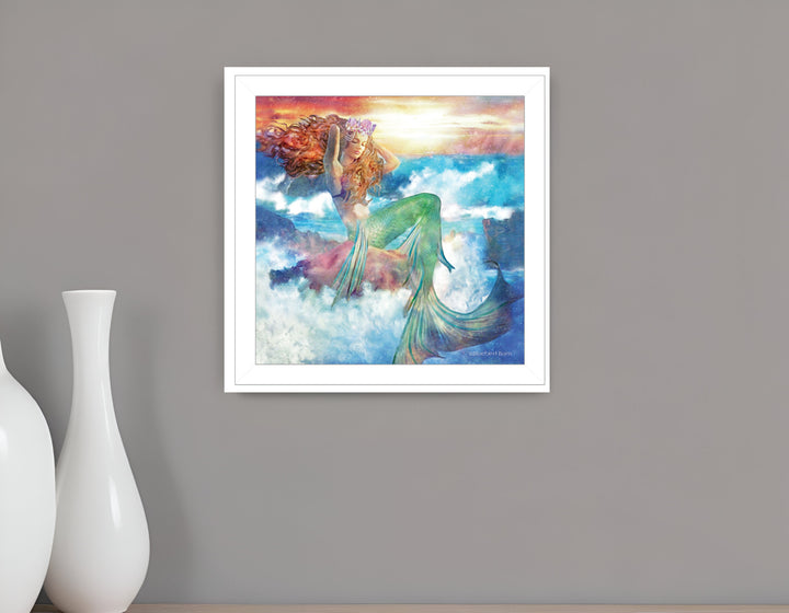 Sunset Mermaid 2 White Framed Print Wall Art