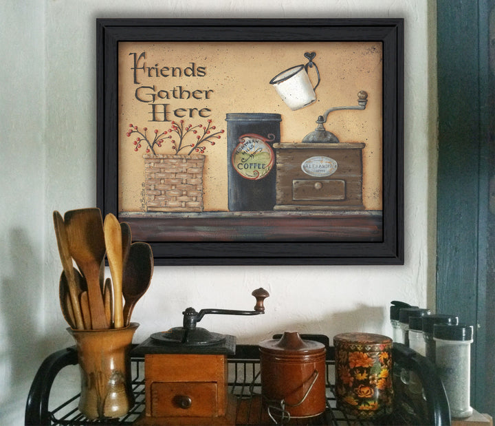 Friends Gather Here Black Framed Print Wall Art