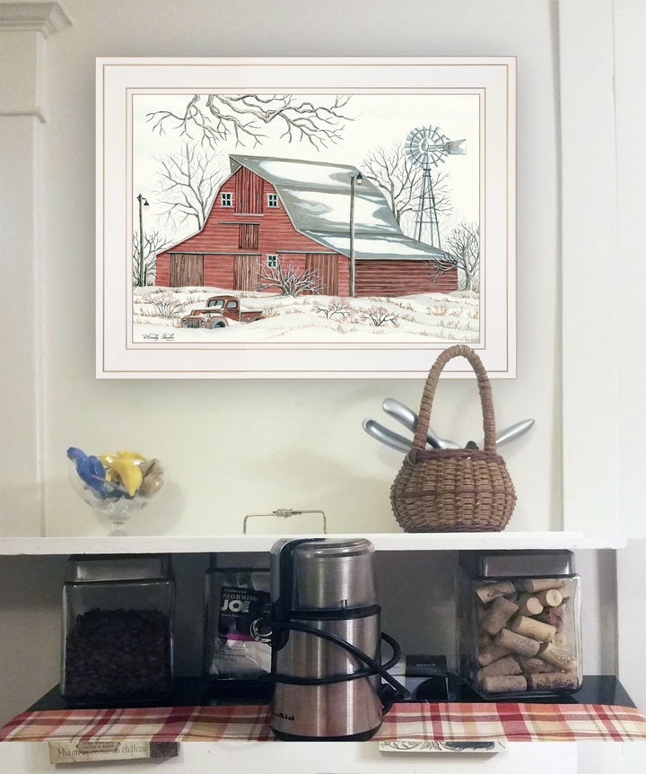 Winter Barn with Pickup Truck 1 White Framed Print Wall Art