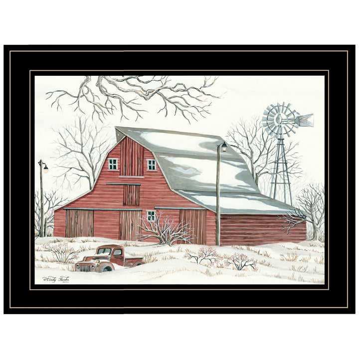 Winter Barn with Pickup Truck 2 Black Framed Print Wall Art