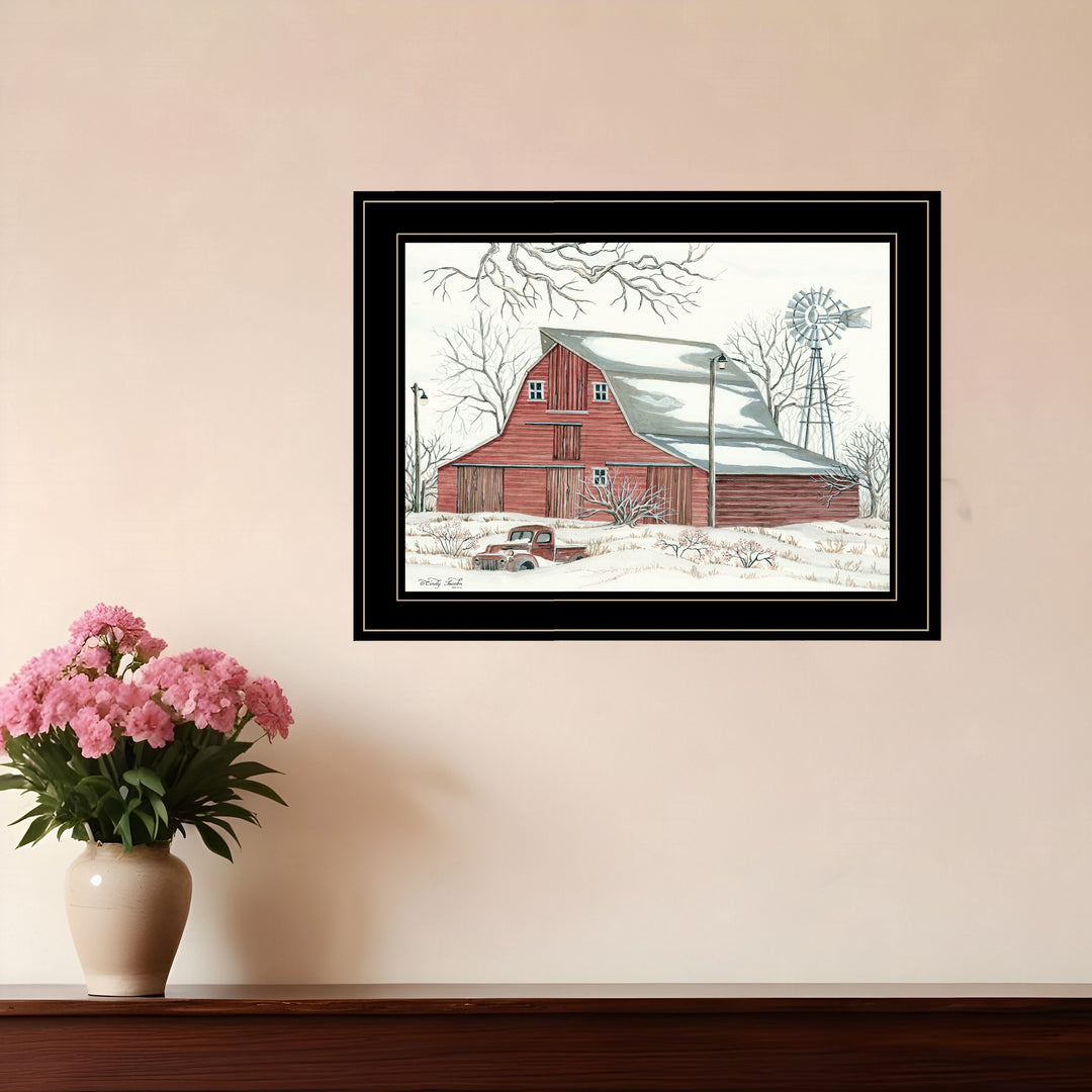 Winter Barn with Pickup Truck 2 Black Framed Print Wall Art