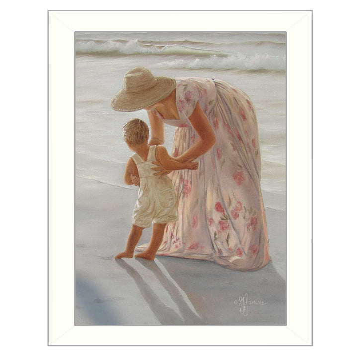 First Time on the Beach White Framed Print Wall Art