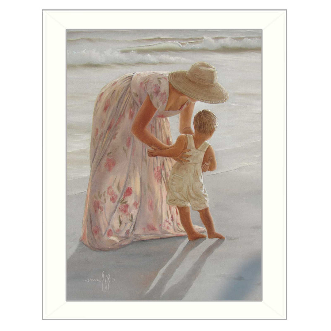 First Time on the Beach White Framed Print Wall Art