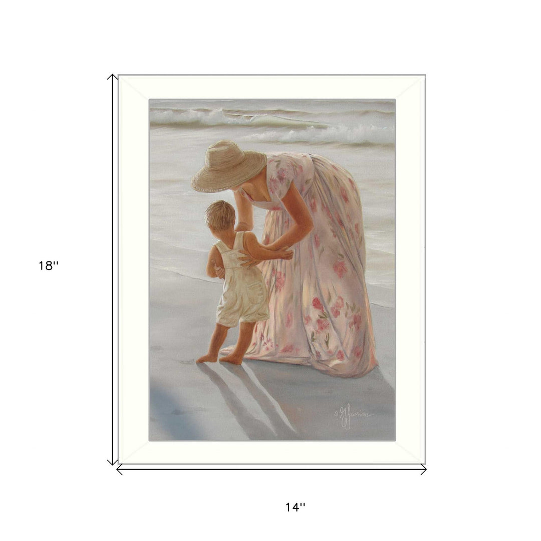 First Time on the Beach White Framed Print Wall Art