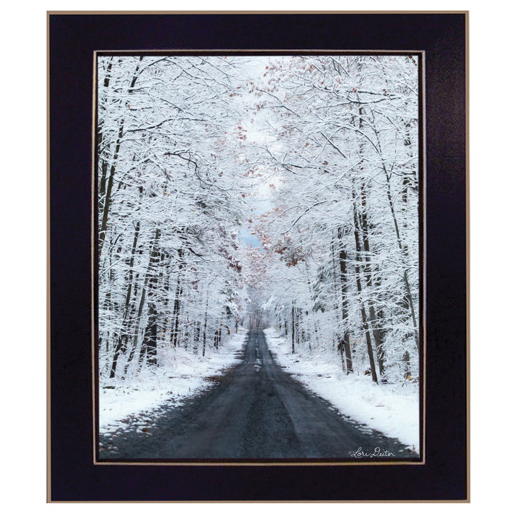 All Roads lead Home winter lane Black Framed Print Wall Art