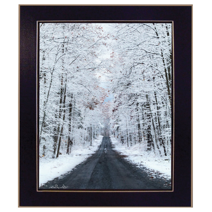 All Roads lead Home winter lane Black Framed Print Wall Art