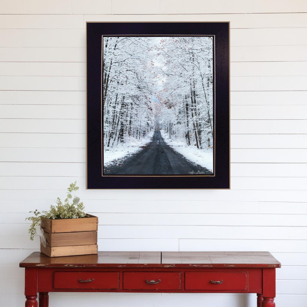 All Roads lead Home winter lane Black Framed Print Wall Art