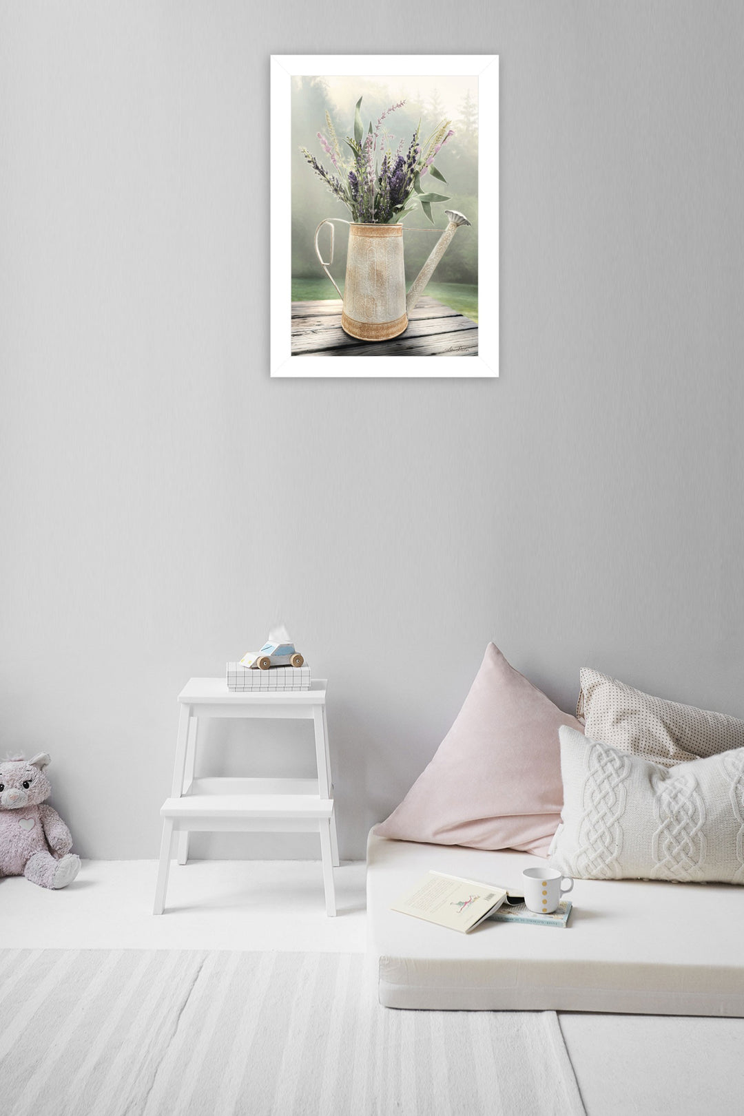 Lavender Watering Can 2 White Framed Print Wall Art