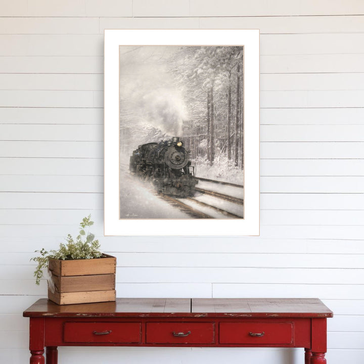 Snowy Locomotive 2 White Framed Print Wall Art