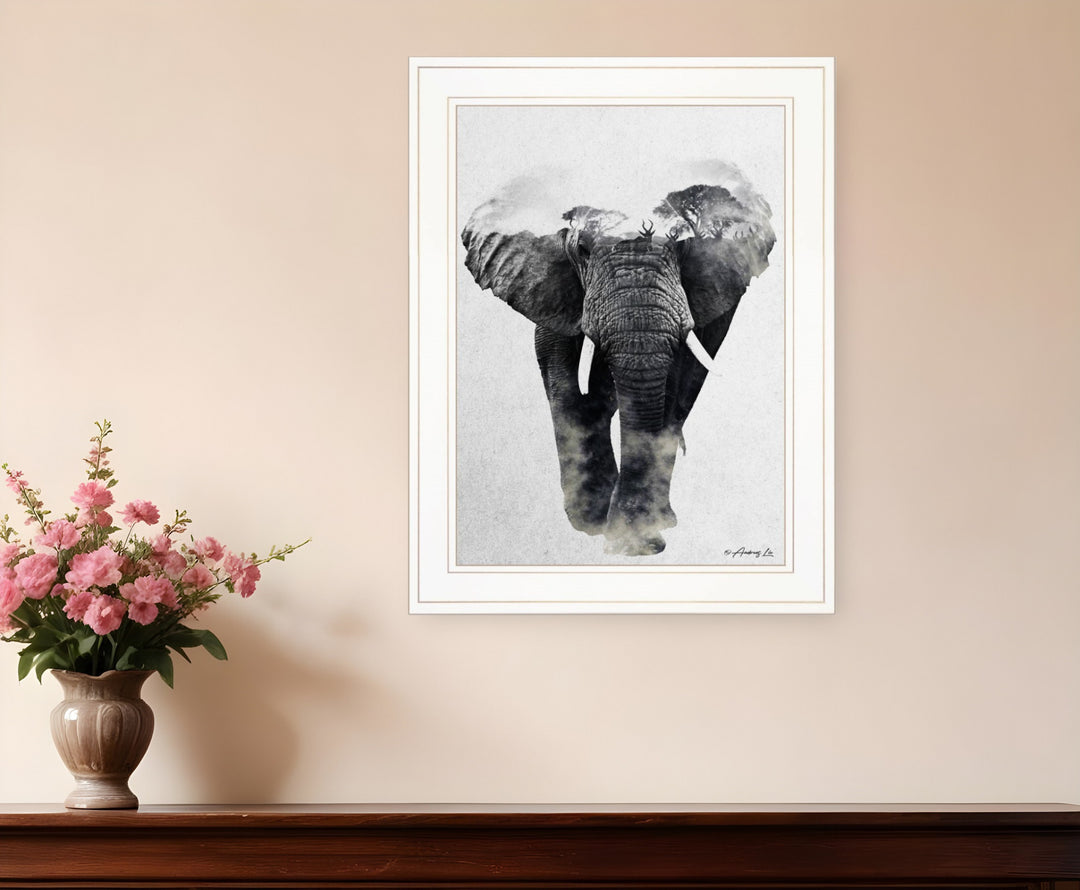 Elephant Walk 1 White Framed Print Wall Art