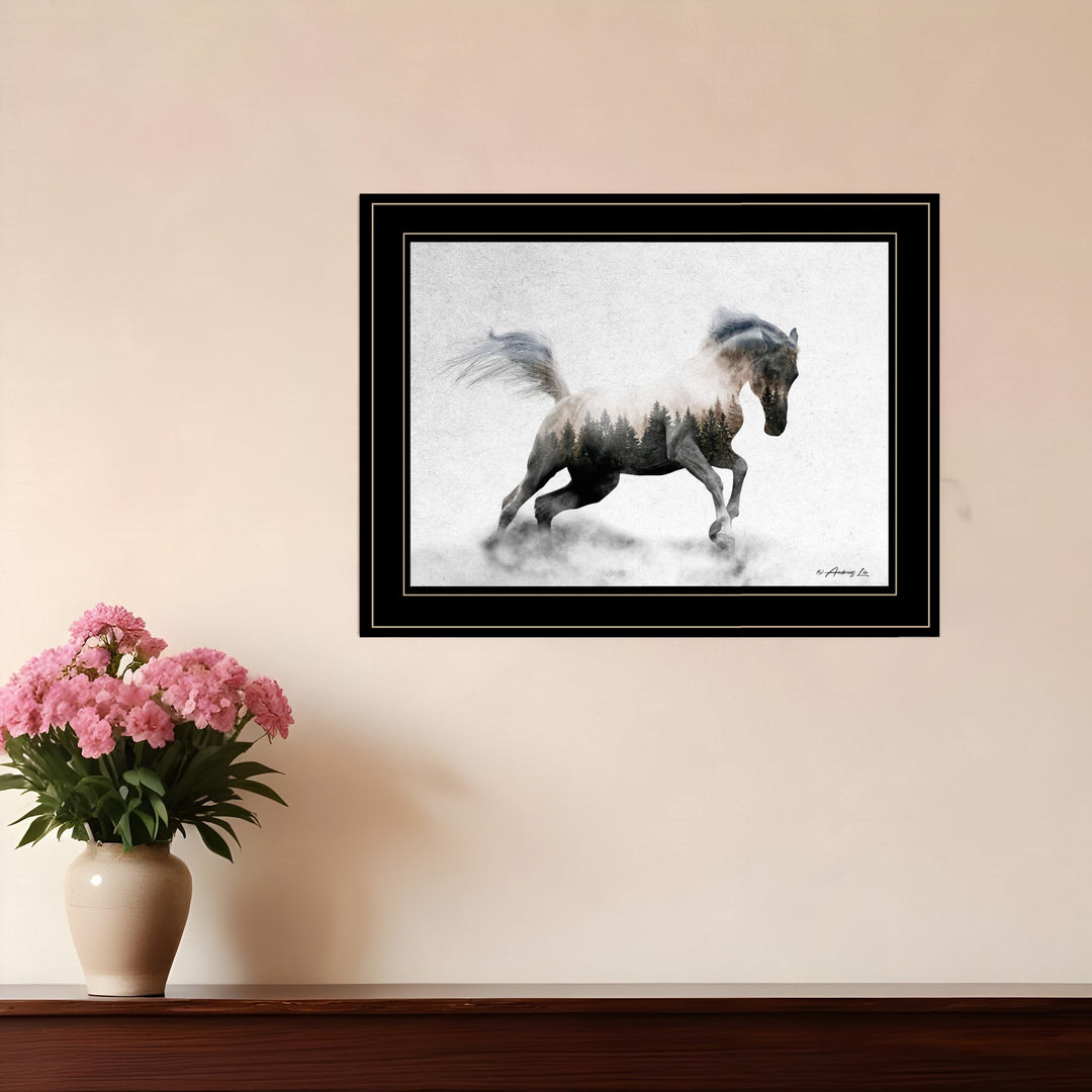 Running White Stallion 2 Black Framed Print Wall Art