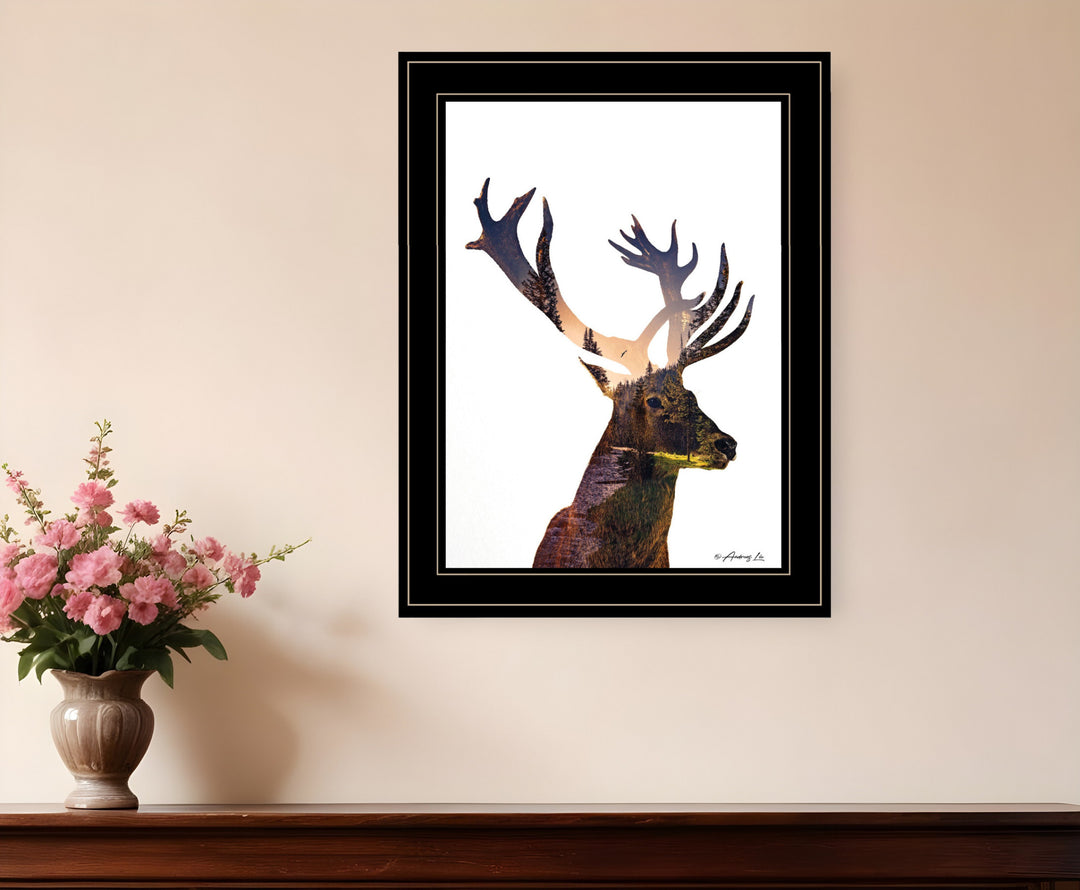 Deer in the Forest 2 Black Framed Print Wall Art