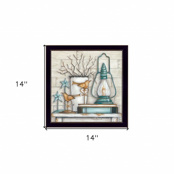 Lantern on Books 1 Black Framed Print Wall Art