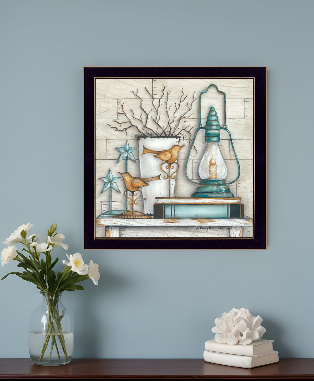 Lantern on Books 1 Black Framed Print Wall Art