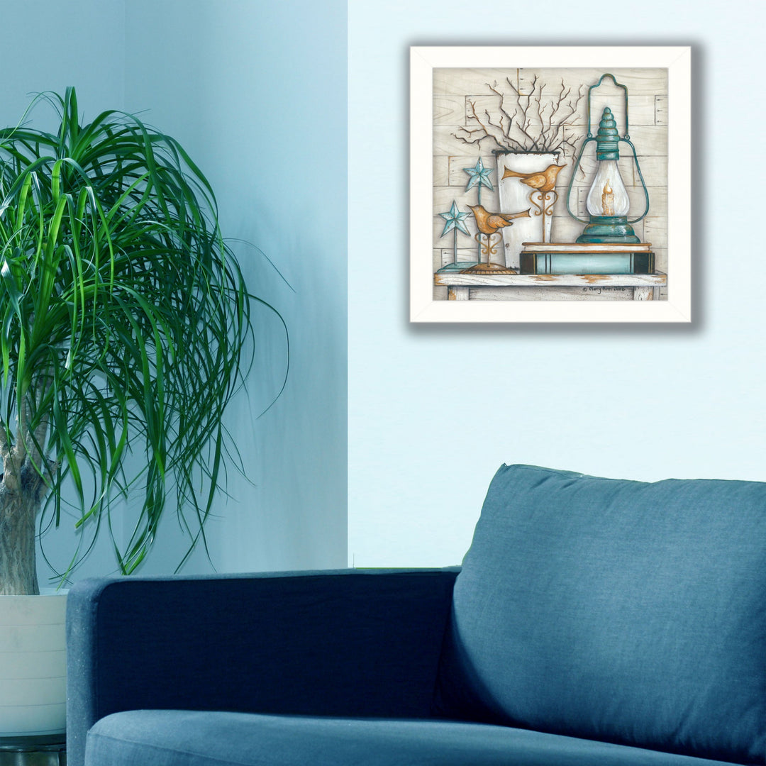 Lantern on Books 2 White Framed Print Wall Art