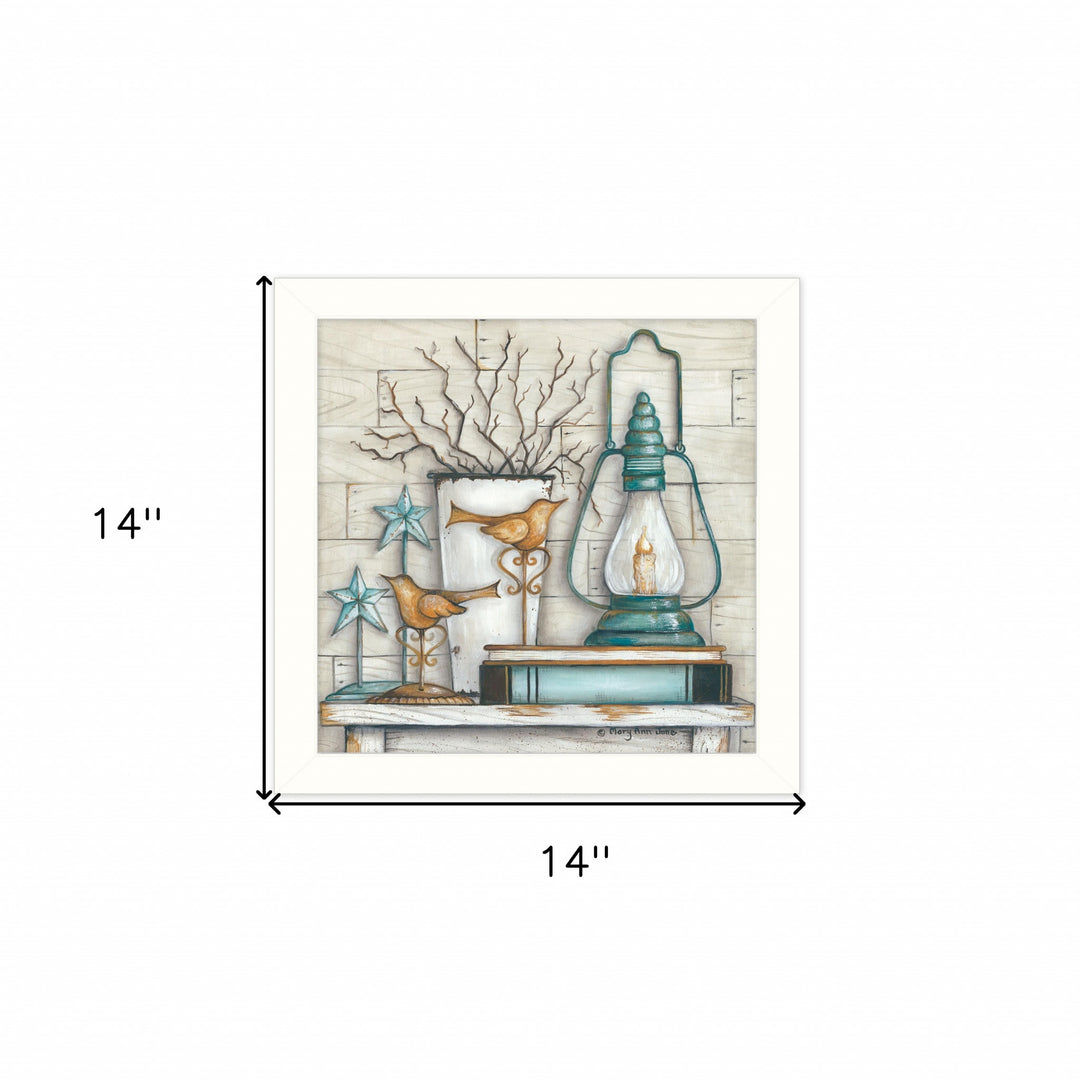 Lantern on Books 2 White Framed Print Wall Art