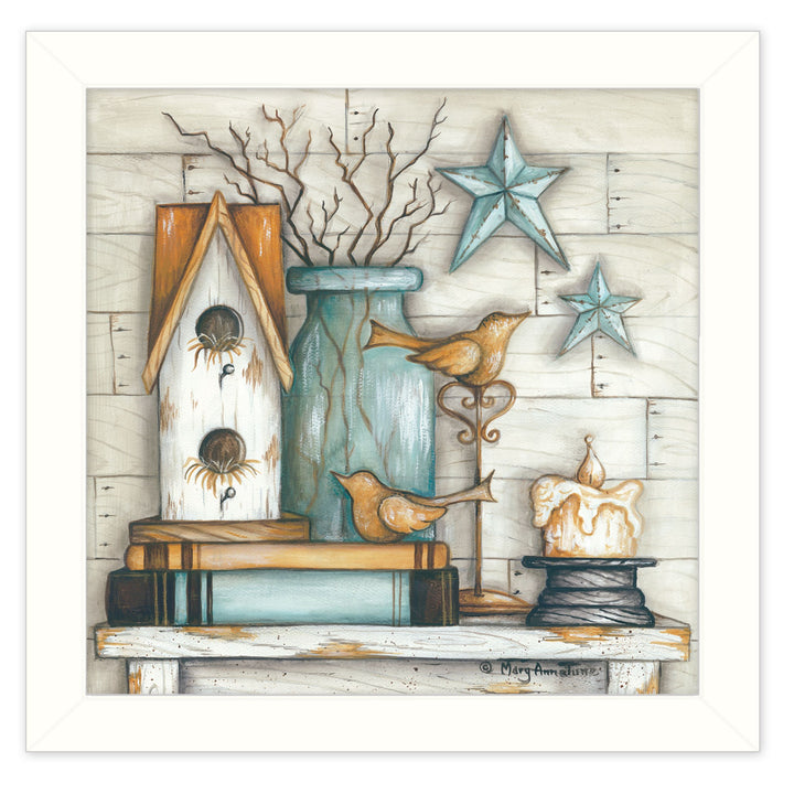 Birdhouse on Books 2 White Framed Print Wall Art