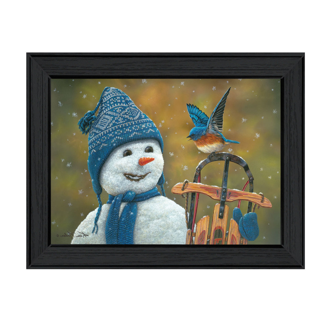 Bluebird Snowman Black Framed Print Wall Art