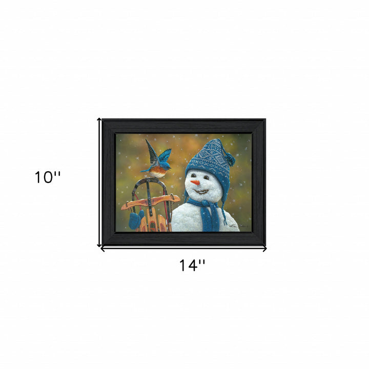 Bluebird Snowman Black Framed Print Wall Art