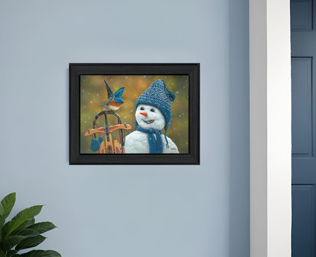 Bluebird Snowman Black Framed Print Wall Art