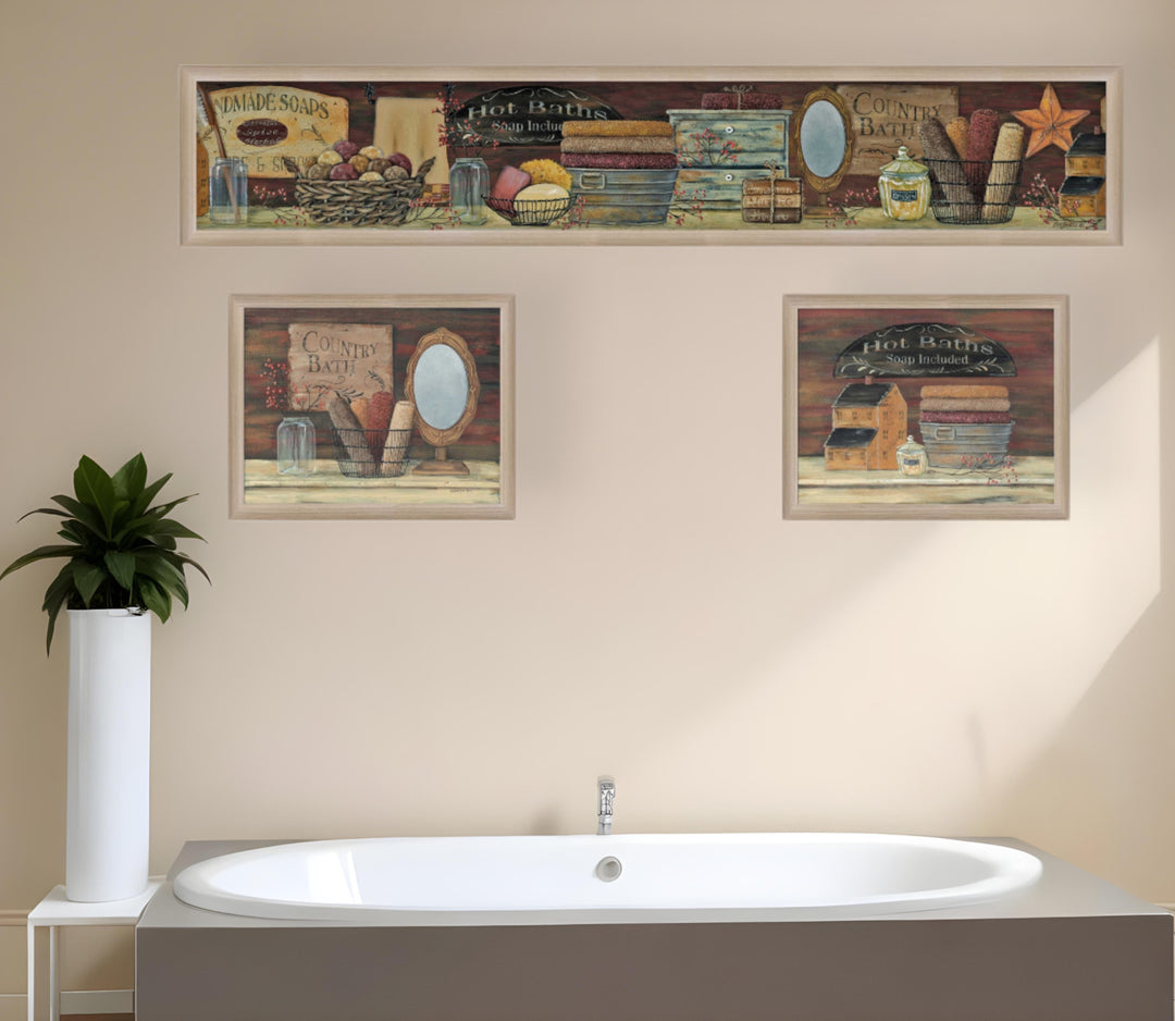 Set Of Three COUNTRY BATH II 4 Brown Framed Print Bathroom Wall Art