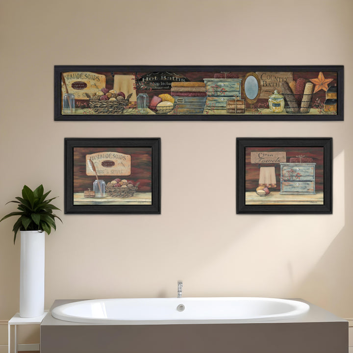 Set Of Three Country Bath II Collection 1 Black Framed Print Bathroom Wall Art