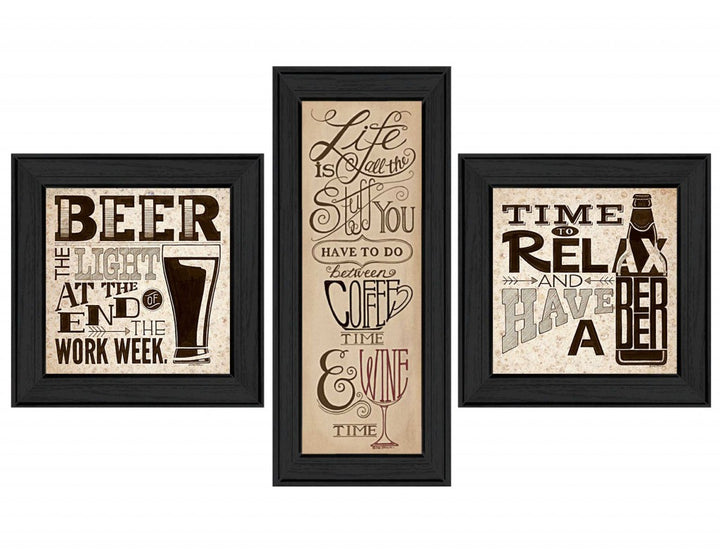 Set Of Three Beer Time Black Framed Print Wall Art