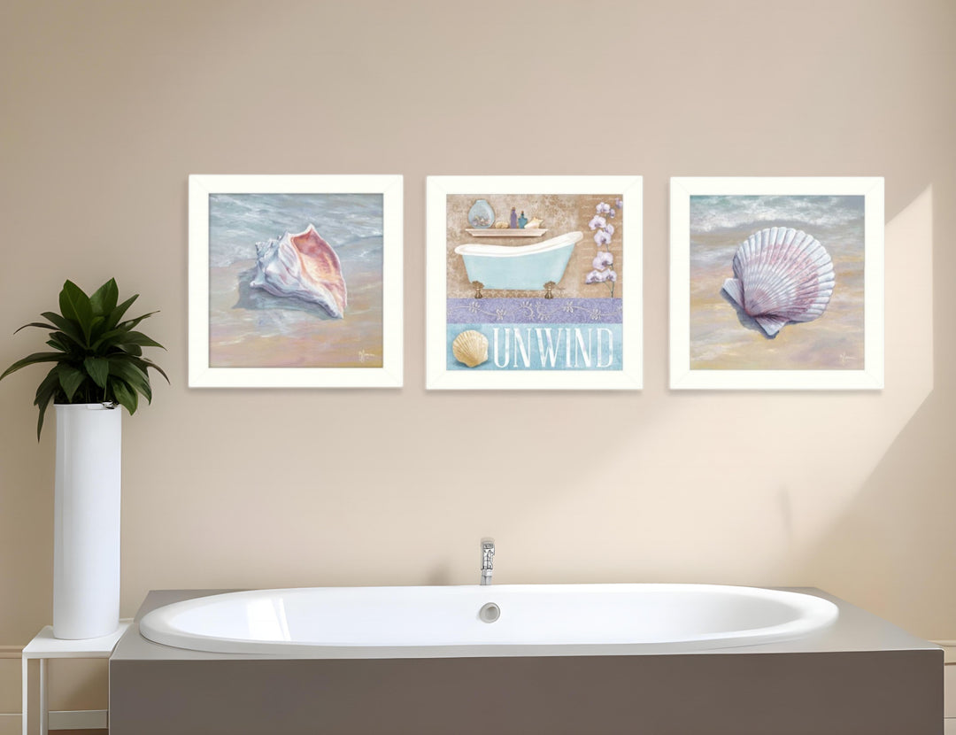 Set Of Three Shells II White Framed Print Bathroom Wall Art