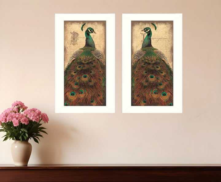 Set Of Two Peacock 1 White Framed Print Wall Art