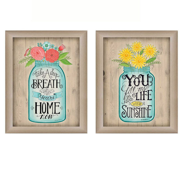 Set Of Two Mason Jars Floral Brown Framed Print Wall Art